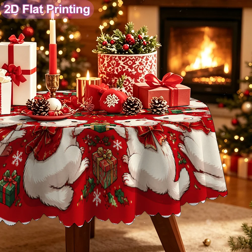 2D flat model, single piece, tablecloth, Merry Christmas, white cat red gift print.