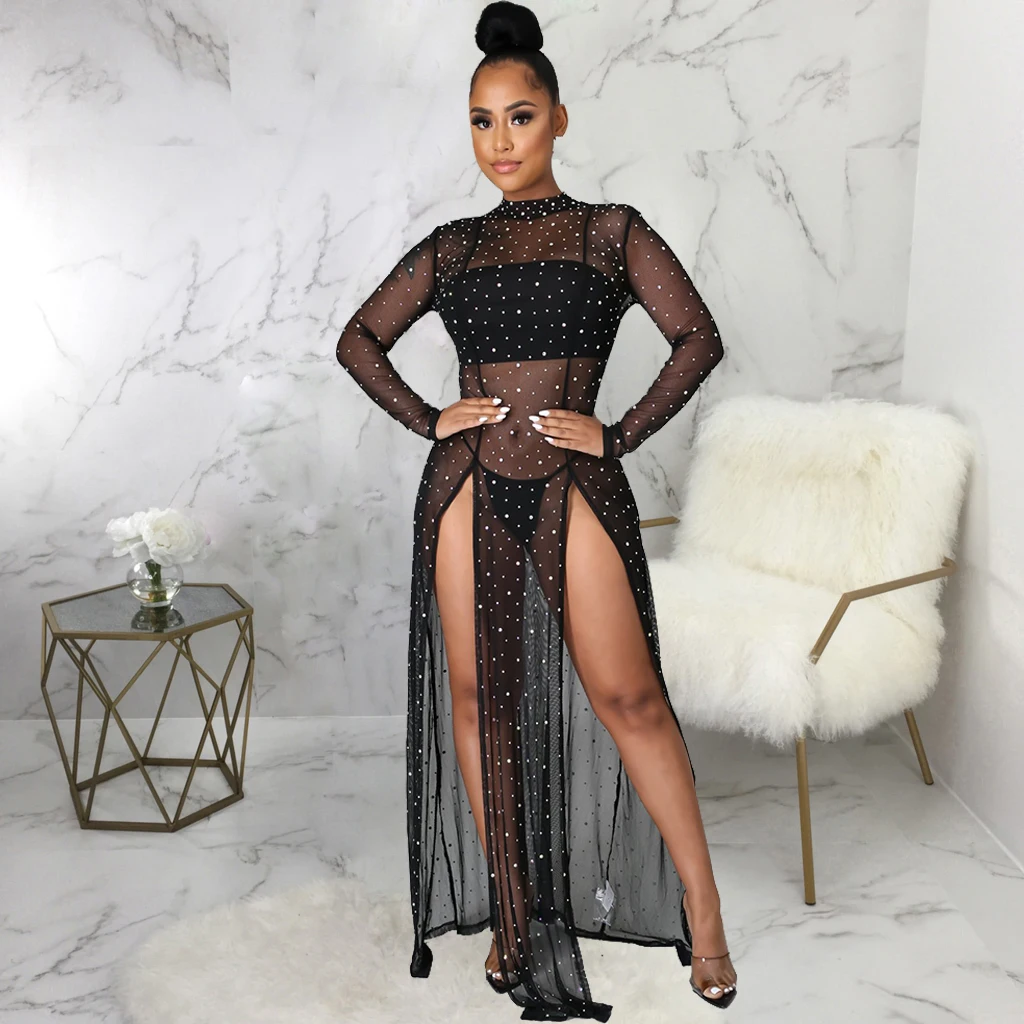 Robes Sexy pour femmes discothèque haute maille élastique perlée décoration haute fente Maxi fête robe transparente robes De Mujer