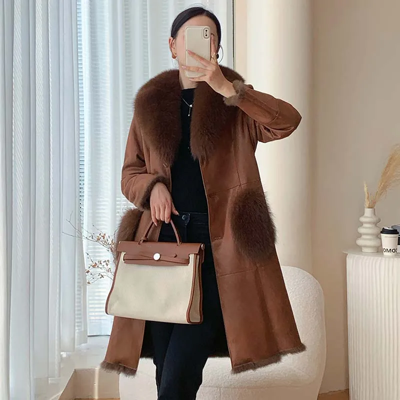 Women Winter Luxury Fox Fur Collar Down Coat Elegant Slim Real Leather Sheepskin Overcoat Thick Warm Office Lady Long Jacket