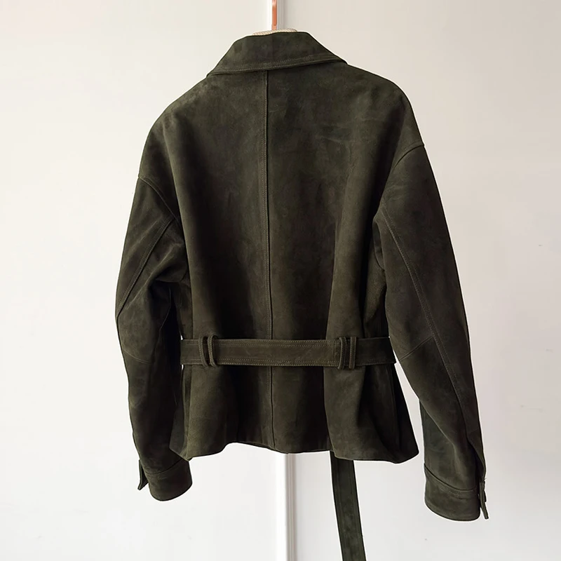 Chaqueta de piel de cabra de piel auténtica para mujer, abrigos de ante para niño, solapa informal, cinturón con cordones, chaqueta ajustada de cuero auténtico, Tops 2026