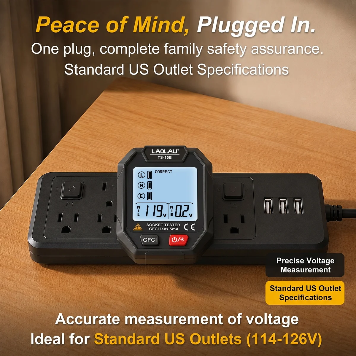TS-10B US Plug Outlets Tester, Electrical Outlet Receptacle Checker, LCD Voltage Display Wiring Fault Detector & GFCI Leak Check