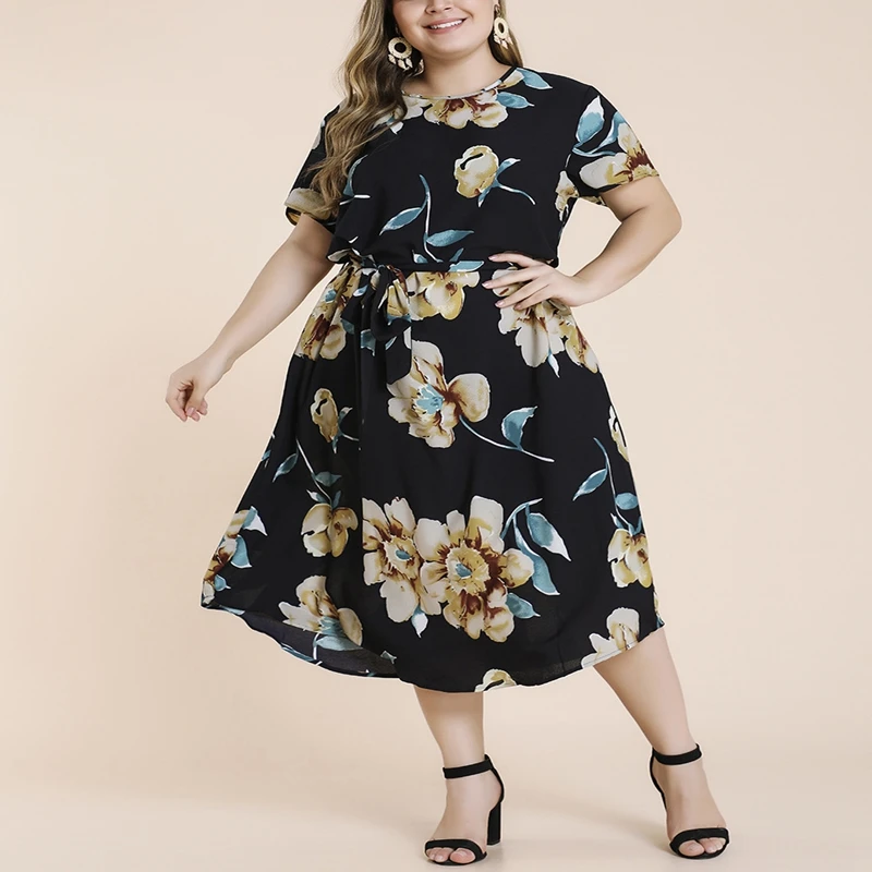 

Women's printed round neck short sleeve loose dress, plus size, summer fashion belt, new style.