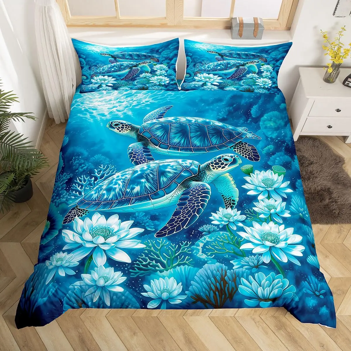 Sea Turtle Duvet Cover Full King Size,Tortoise Reptile Animal Bedding Set,Marine Life Comforter Cover,Hawaiian Ocean Quilt Cover