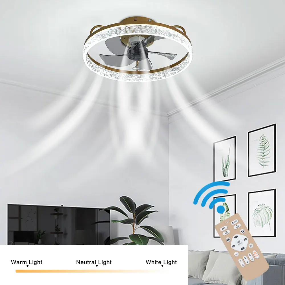 KOMORE Modern Round Crystal Ceiling Fan with Light with Remote 5 Blades 6 Speeds for Office, Living Room, Bedroom