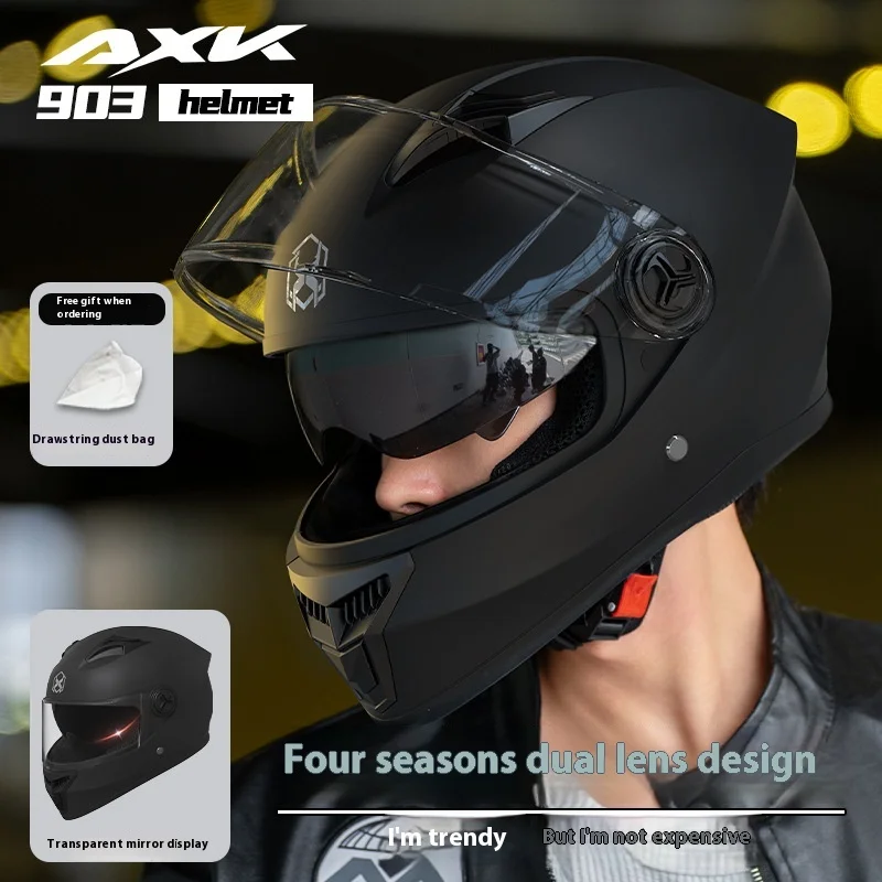 Casco per veicolo elettrico Casco integrale per moto Four Seasons da uomo Casco di sicurezza invernale caldo da donna con doppio specchio