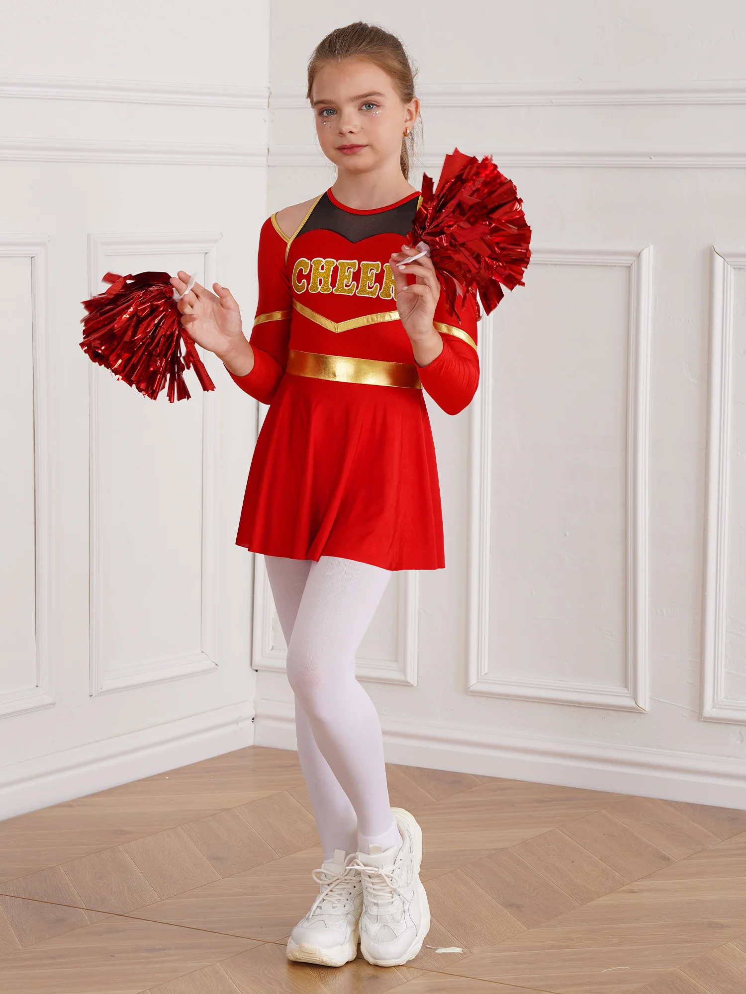 Roupa infantil de dança de alegria, uniforme escolar de líder de torcida, vestido collant de manga comprida com flores de mão para equipe de torcer