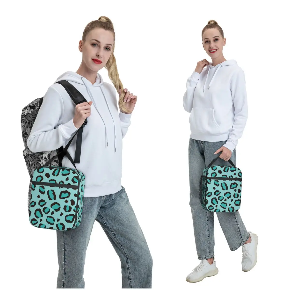 Cool Turquoise Blue Leopard Print Cheetah Insulated Lunch Bag for Women Kids Leakproof Food Boxes Thermal Lunch Box Tote