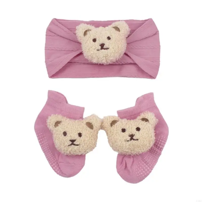 F3KC Lovely Bear Baby Headband Socks Set Lovely Newborns Headdress Elastic Hairband