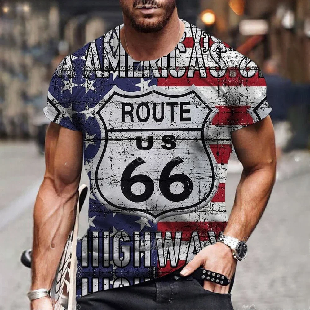 

Vintage 66 Route T-shirt 3d Printed America For Men Biker Motor Men's T Shirts Oversized T Shirt Racing Short Sleeve Camiseta