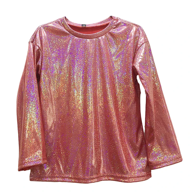 Abbigliamento per bambini adulti Costumi di danza jazz hip-hop per bambini T-shirt metallizzata lucida di Halloween Top da ballo scintillanti Manica lunga da strada