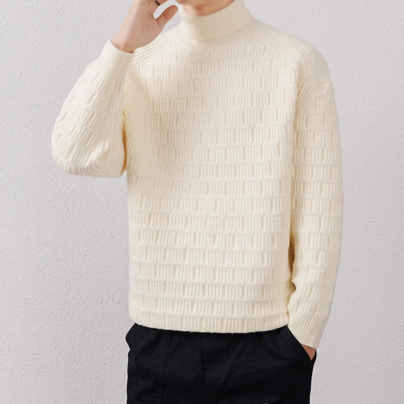 

Мужской вязаный свитер с высоким воротником в стиле ретро, повседневный, утепленный, с бахромой и цветочным узором, геометрический принт, теплый зимний топ