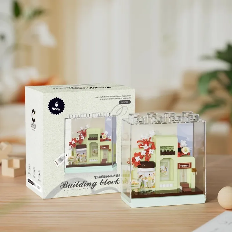 Diversão vista de rua loja blocos de construção loja de casamento café casinha castelo edifício vista de rua modelo brinquedo das crianças presentes