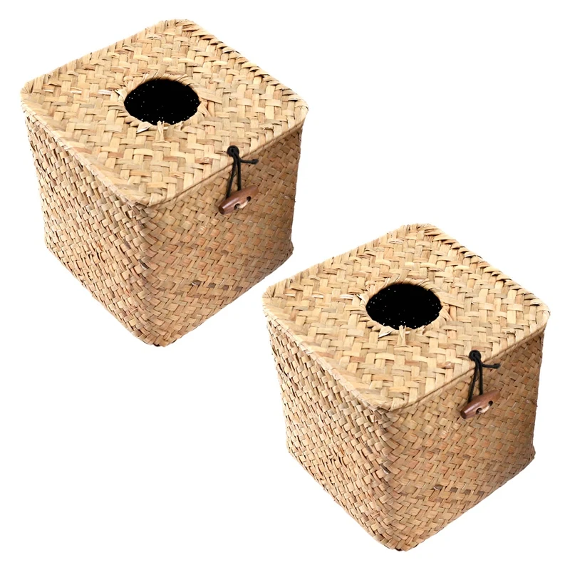 2 Pack Square Seagrass Facial Tissue Box - Decorative Woven Paper Holder Napkin Dispenser - Straw Tissue Box Cover-A015