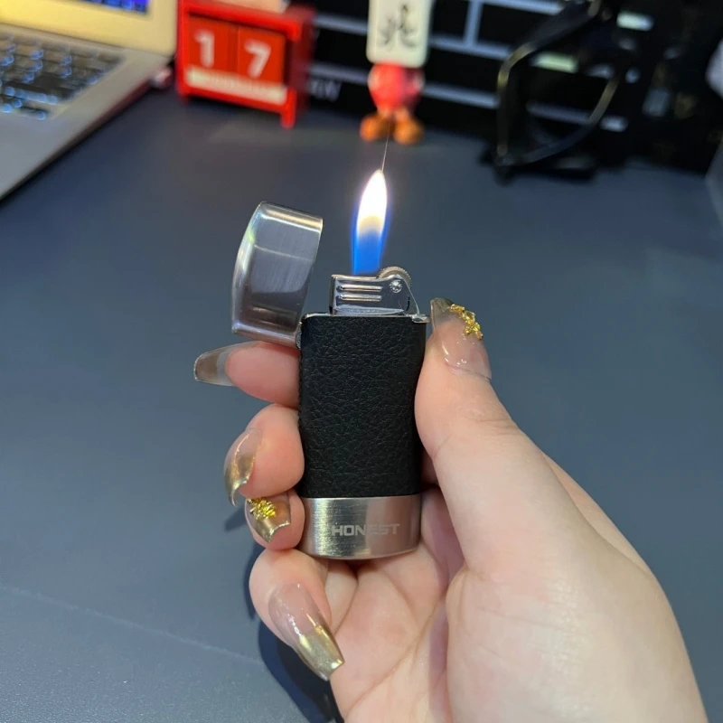 

HONEST Leather Splicing Metal Gas Lighter Creative Retro Old Fashioned Grinding Wheel Ignition Open Flame Cigarette Lighting