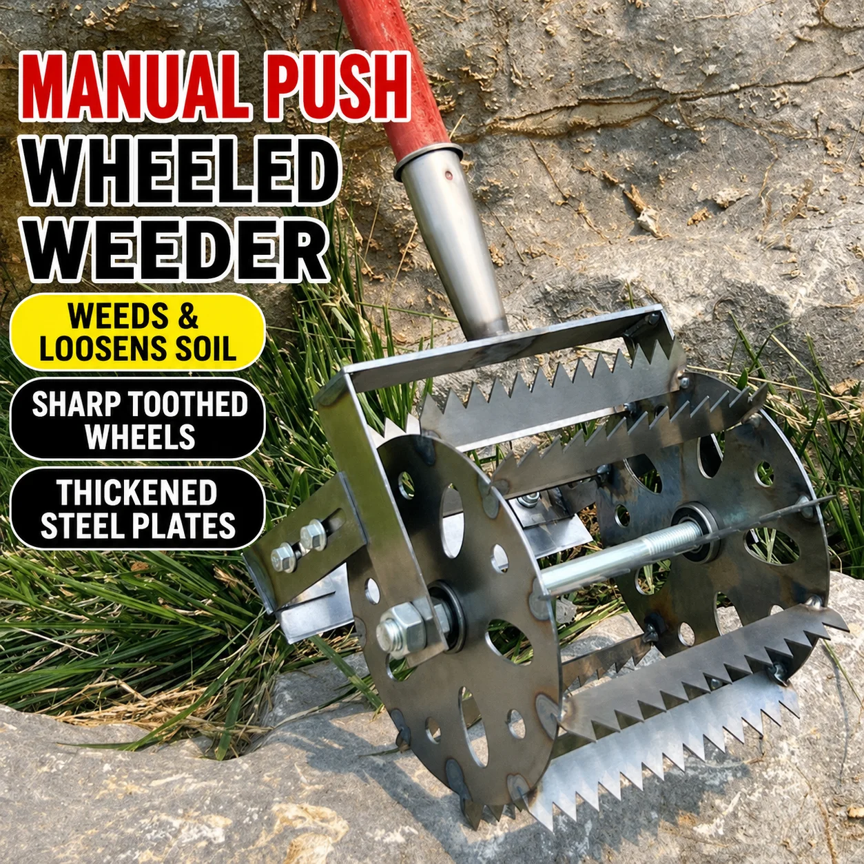 Manual Wheeled Garden Weeder with 1.2m Wooden Handle Adjustable Working Depth Steel Cultivator for Soil Loosening Vegetable Beds