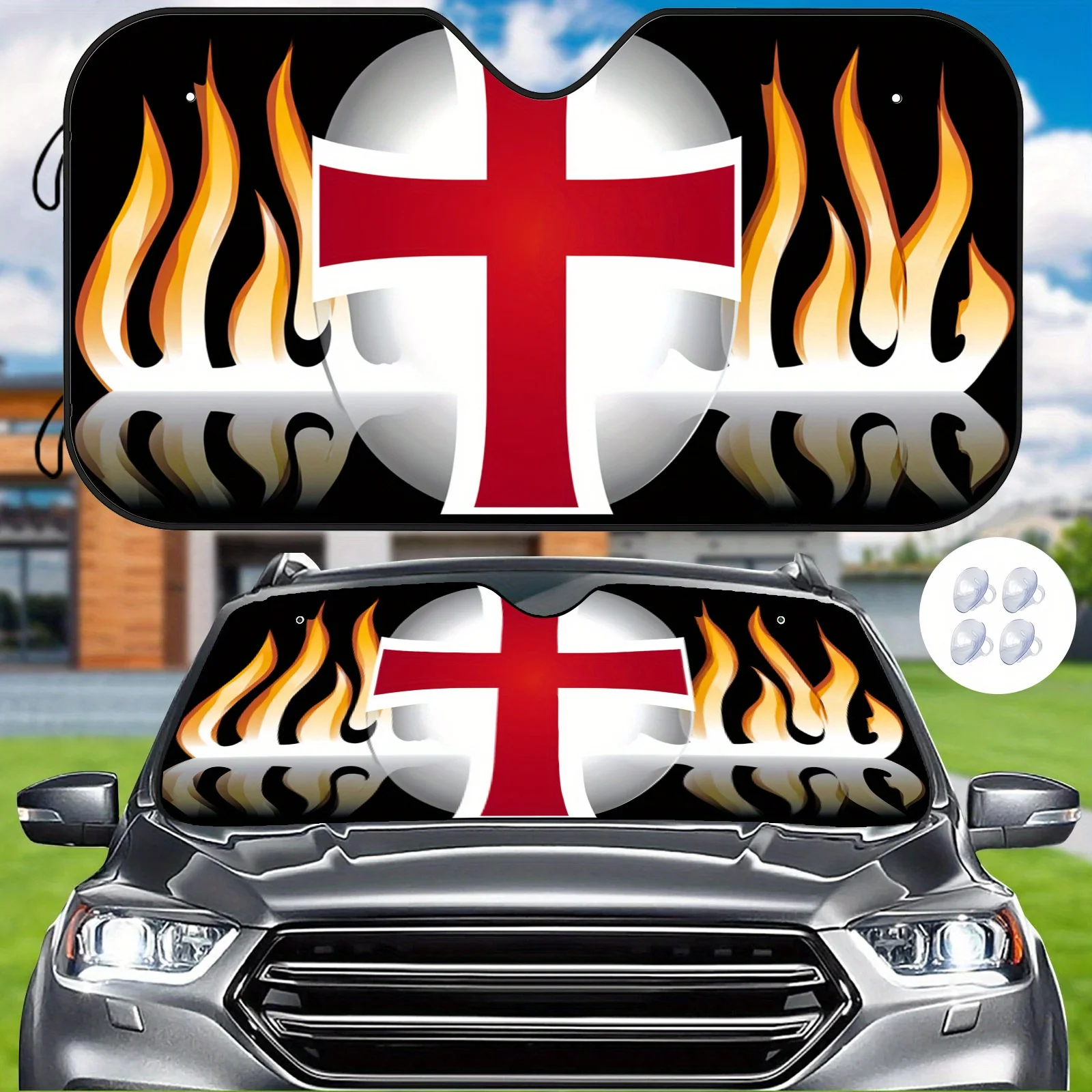 Flame Cross Helmet Car Windshield Sunshade, Featuring A Pattern Of Flames Surrounding A Cross Helmet, Easy To Install, Includes