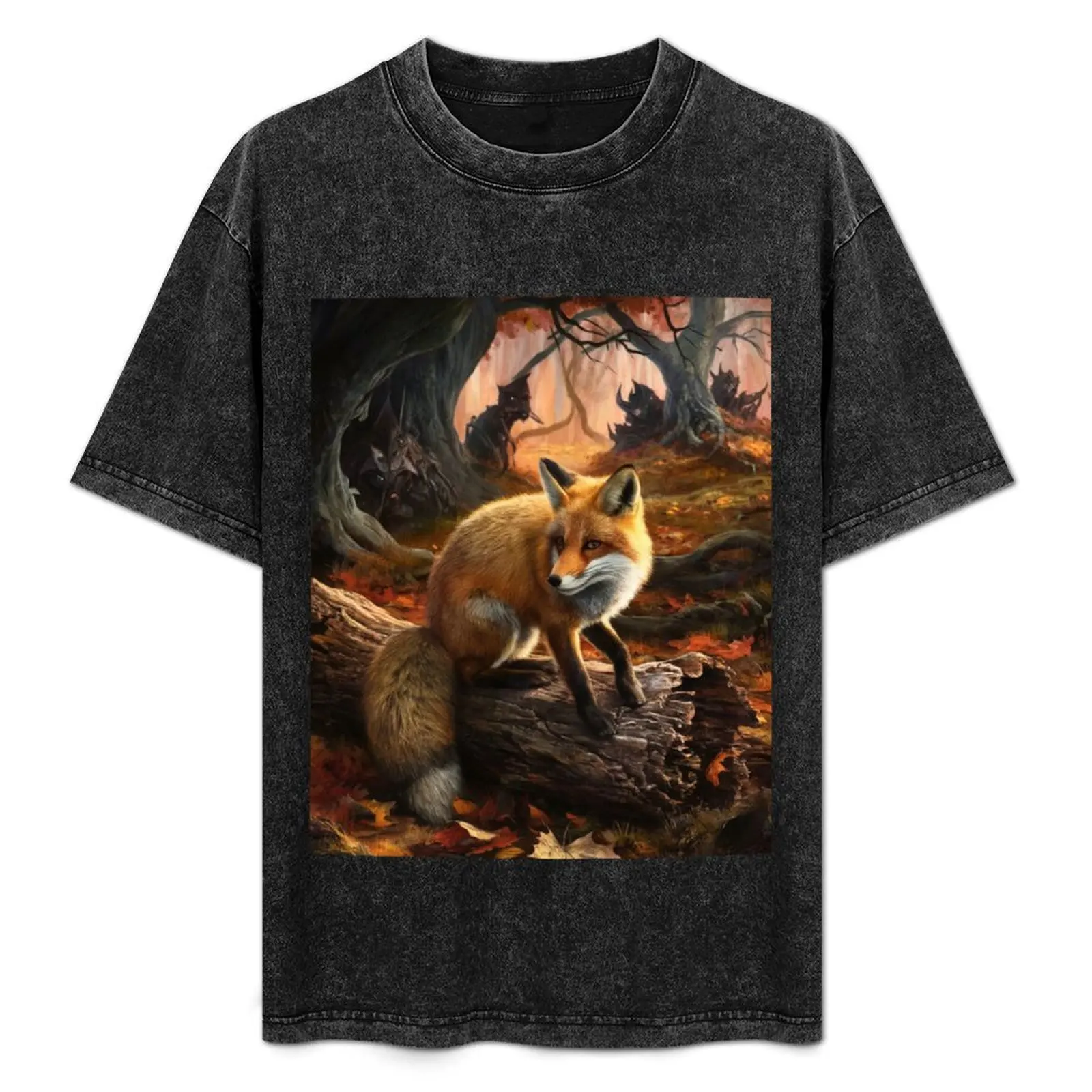 

Fox Portrait. Autumn fox, fall fox, vintage fox, fox painting, Hieronymus Bosch style T-Shirt Simple Solid Color Crew Neck Tee