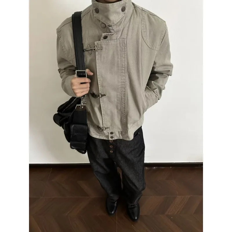 سترة Harajuku للرجال بياقة مقلوبة، معطف عمل قصير أمريكي عتيق، ملابس خريفية غير رسمية فضفاضة، ملابس خارجية عصرية #5