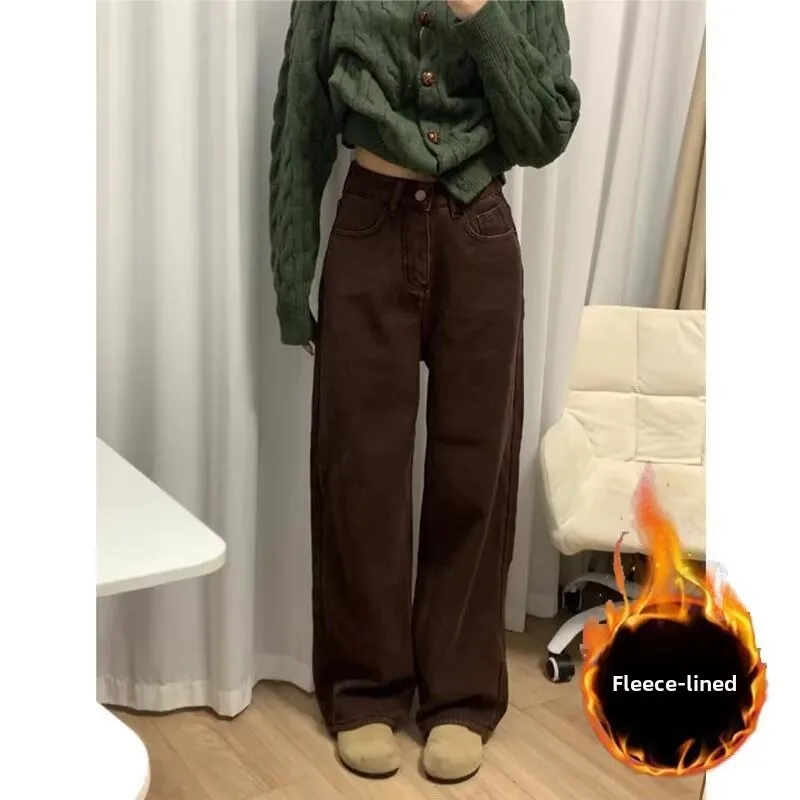 

Coffee Colored Wide Leg Jeans for Women High Waist Cotton Denim Pants Spring 2025 Standard Fit No Stretch Teenage Universal
