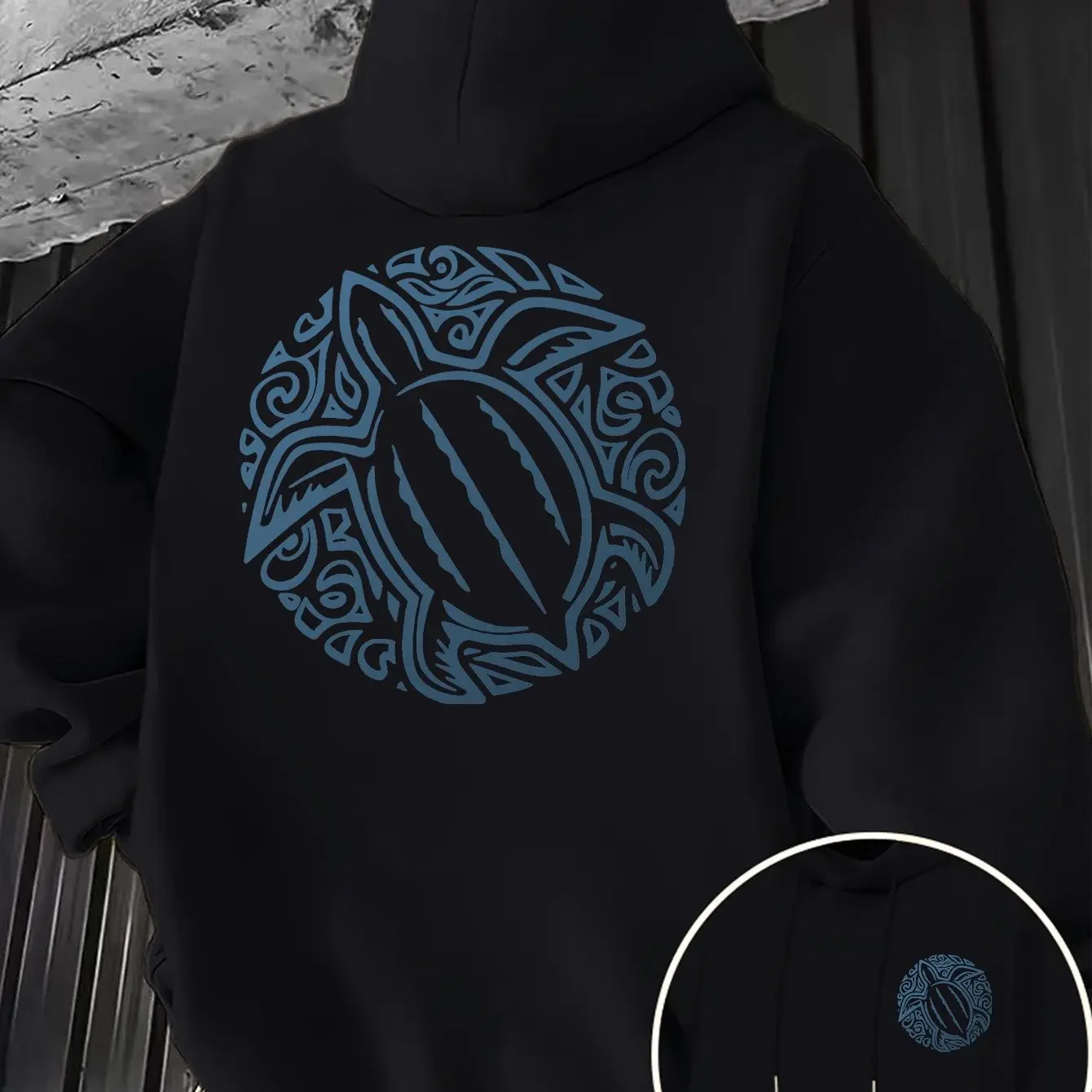 Korean Streetwear Men Hoodie Polynesian Tribal Sea Turtle Circle Pattern Double Sided Print Beach Sweatshirt