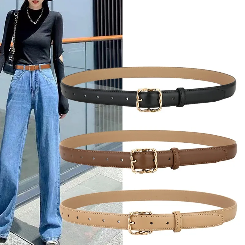 Female Fashion Leather Belt Daily Versatile Twist Square Metal Buckle Belt for Women Suit Jeans Clothing Accessories