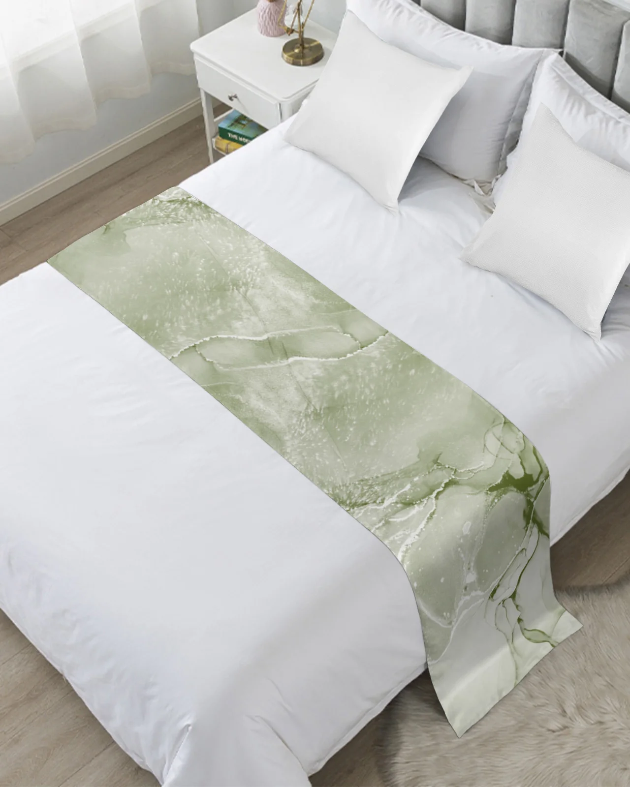 

Sage Green Marble Texture Bed Runner Luxury Hotel Bed Tail Scarf Decorative Cloth Home Bed Flag Table Runner