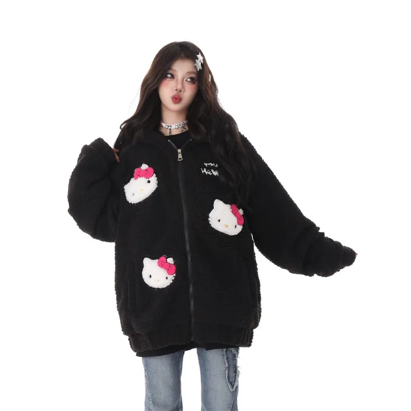 Sanrio Hello Kitty Lamb Wool Zip Up Coat Sweater For Women Winter Cute Thickened Japanese Harajuku Hoodie Y2k Girls Sweatshirt