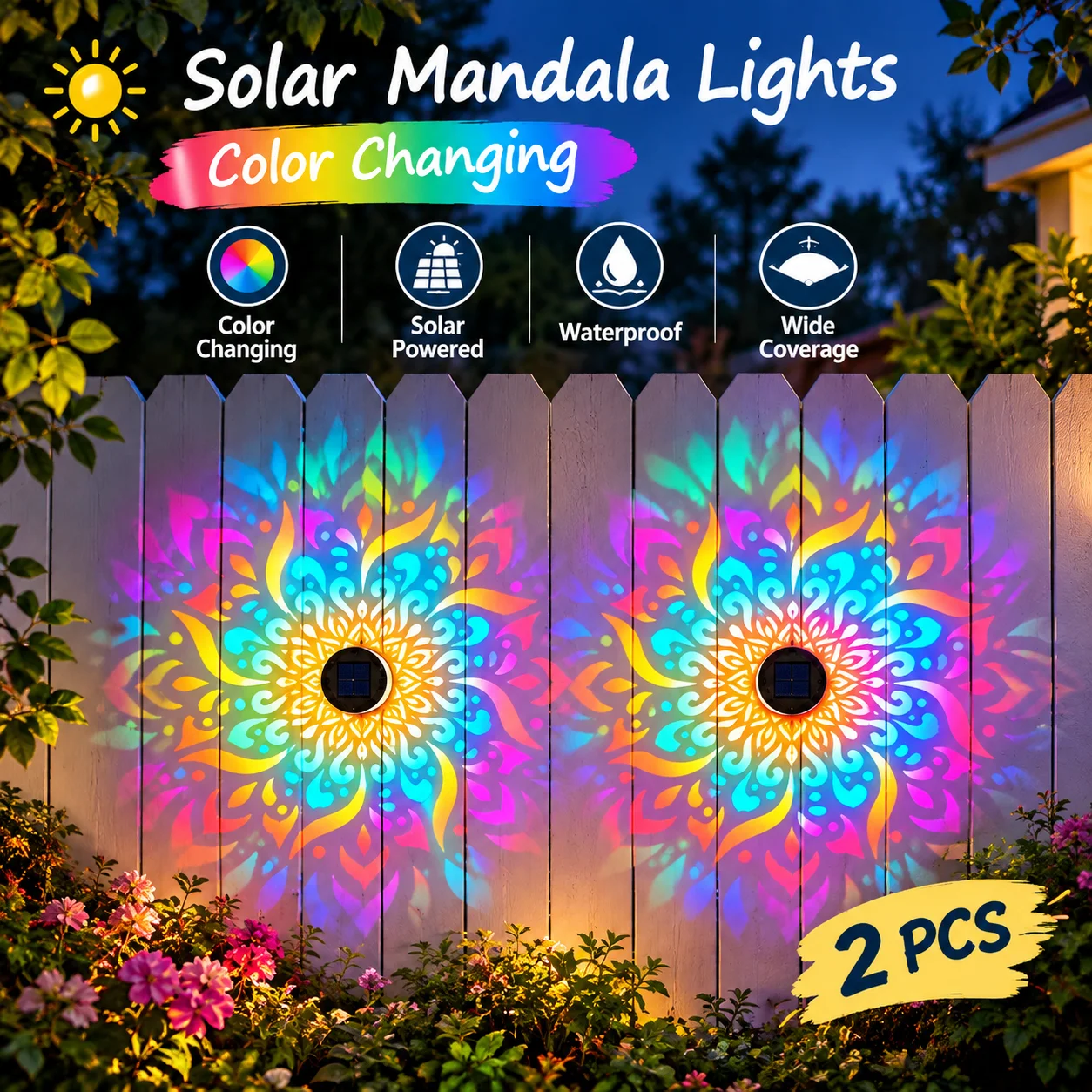 2pcs Solar Mandala Sunflower Projector Wall Light Landscape Light for Patio Garden Estate Porch Courtyard Outdoor Garden Decor