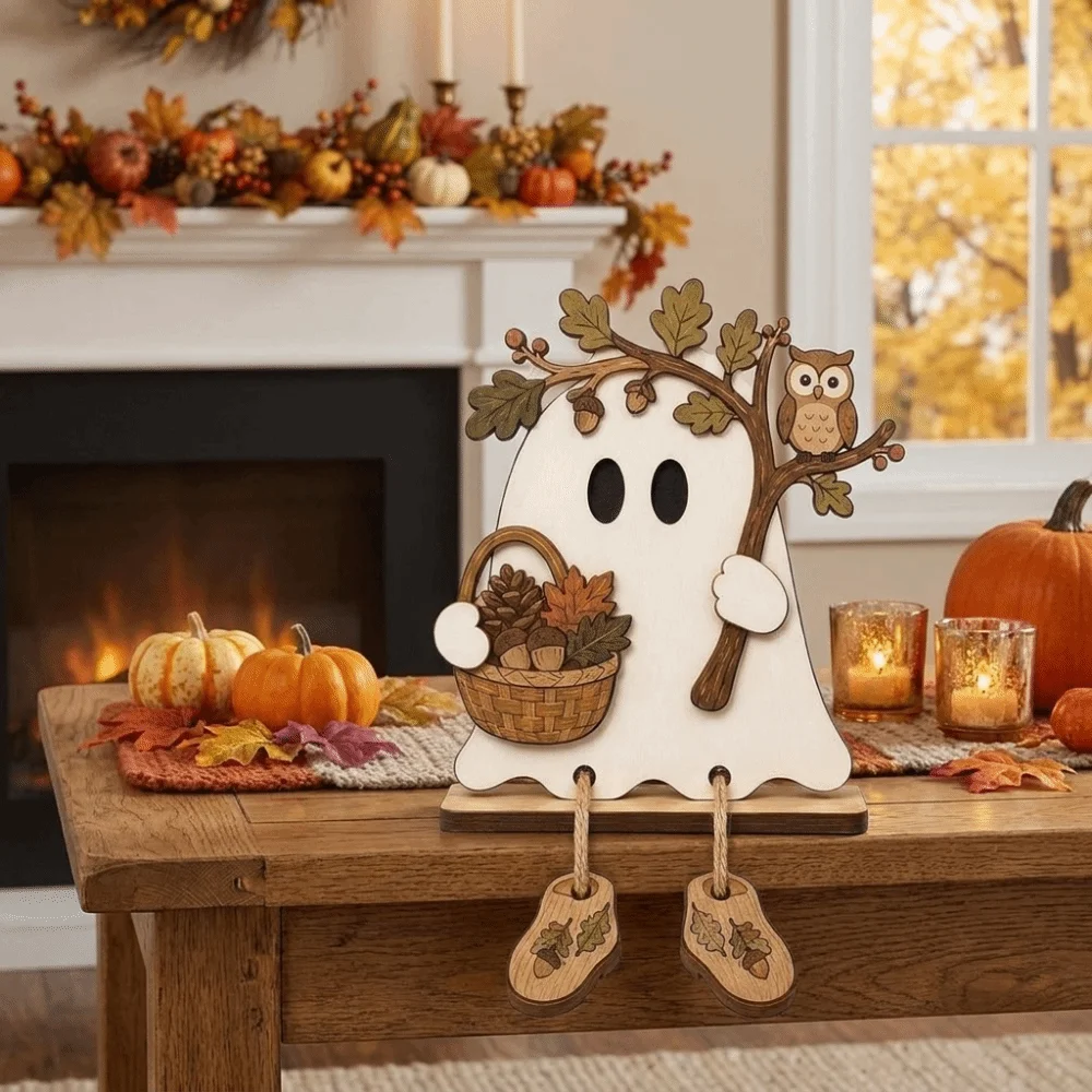 Fun Shape Halloween Wooden Ghost Signs 2D Flat Rustic Ghost Figure Tabletop Sign Decorative Handmade Ghost Table Ornament