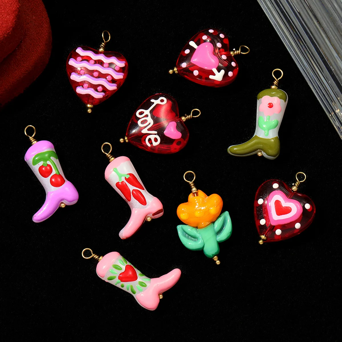 3pcs/Lot French Stainless Steel Lampwork Glass Love Heart Necklace Pendant Boot Flower DIY Charms Women Cherry Jewelry
