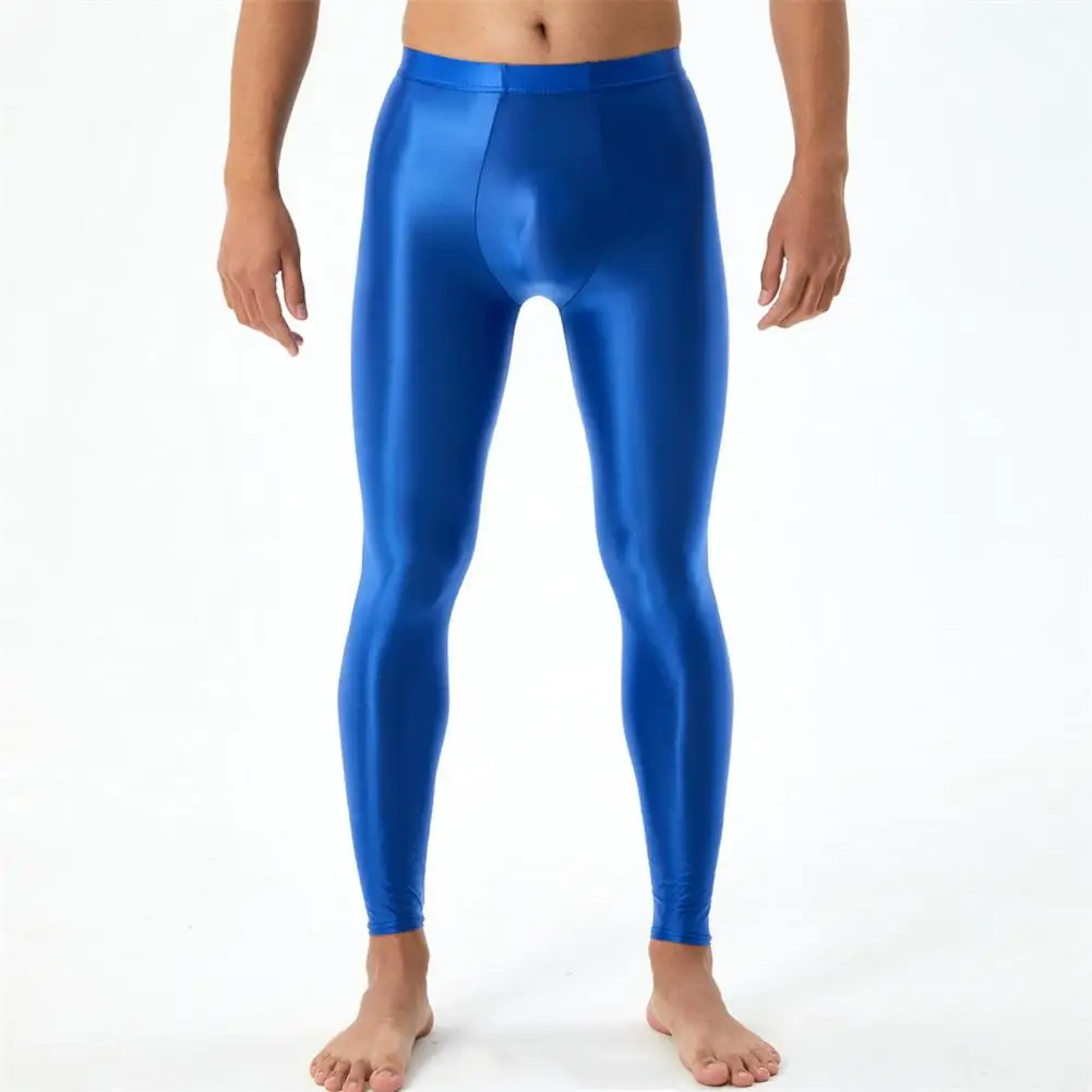 Leggings longos elásticos dos homens Johns, calças sedosas, liso, slim fit, U convexo, bolsa de protuberante, macio, respirável, cintura média