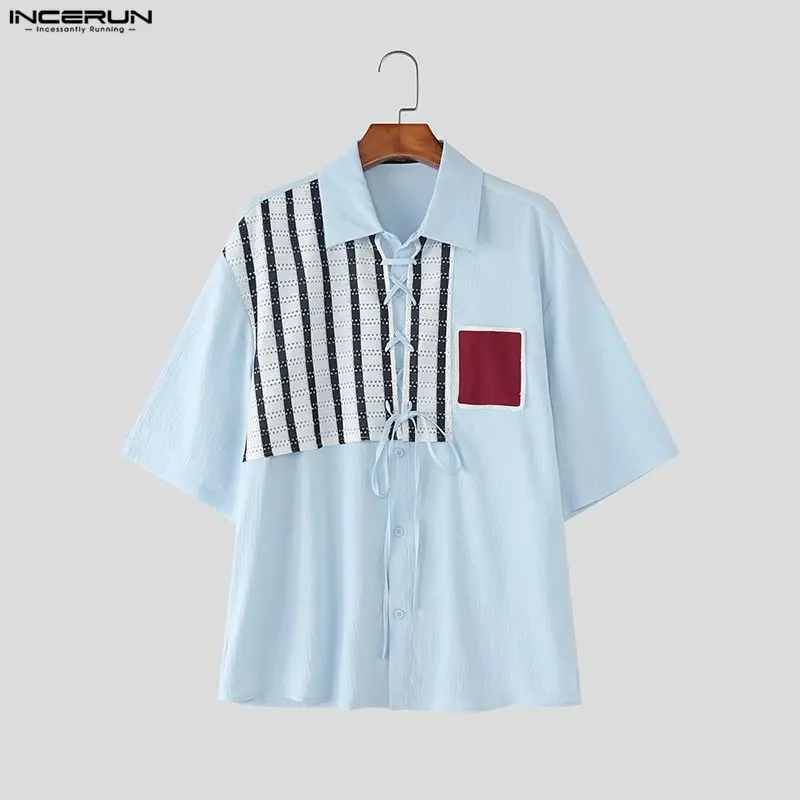 INCERUN Men Shirt Patchwork Color-block Lapel Short Sleeve Men Clothing Streetwear Loose Korean Style Fashion Casual Tops S-5XL