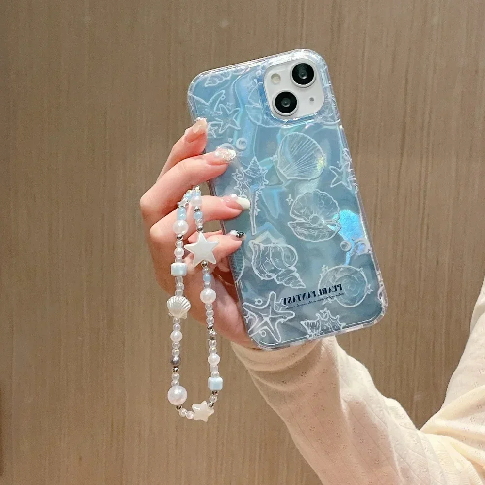 

Funny Ocean Shell Pattern Aurora Phone Case For iPhone 16 15 14 13 12 Pro Max 15Pro Cutes Bracelet Chain Cover Shockproof Cases