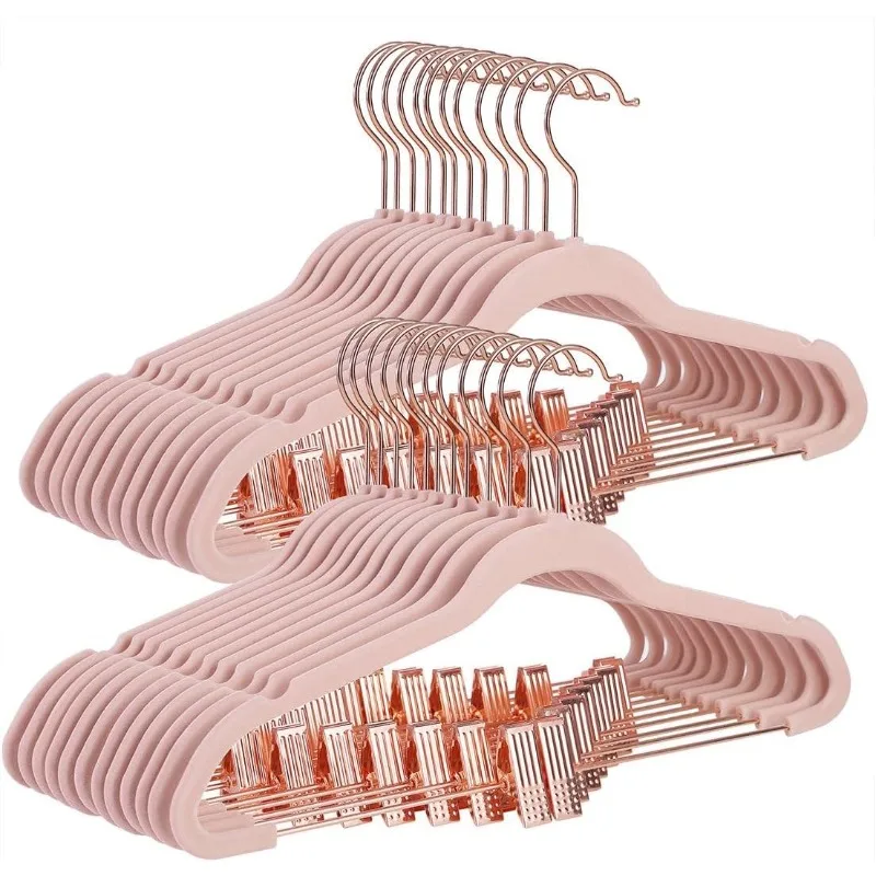 

24 Pack Pants Hangers, 16.7 Inch Coat Hangers with Rose Gold Colored Movable Clips, Heavy-Duty, Non-Slip, Space-Saving