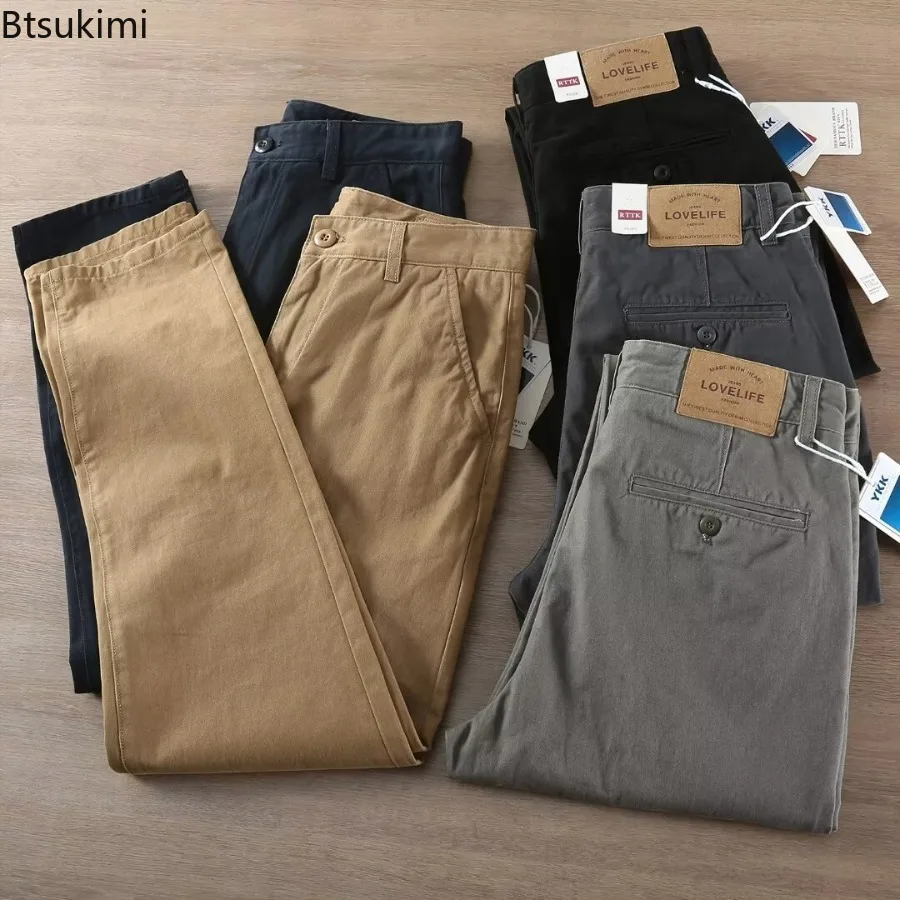 New 2026Men's Spring and Autumn Retro Comfort Straight Pants Slacks Washed Overalls 100% Cotton Fashion Loose Casual Pants Male