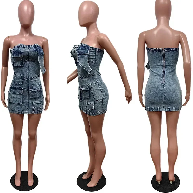 Streetwear Multi-pockets Denim Dress Women Club Party Off Shoulder Sleeveless Backless Tube Strapless Sexy Bodycon Dress Vestido