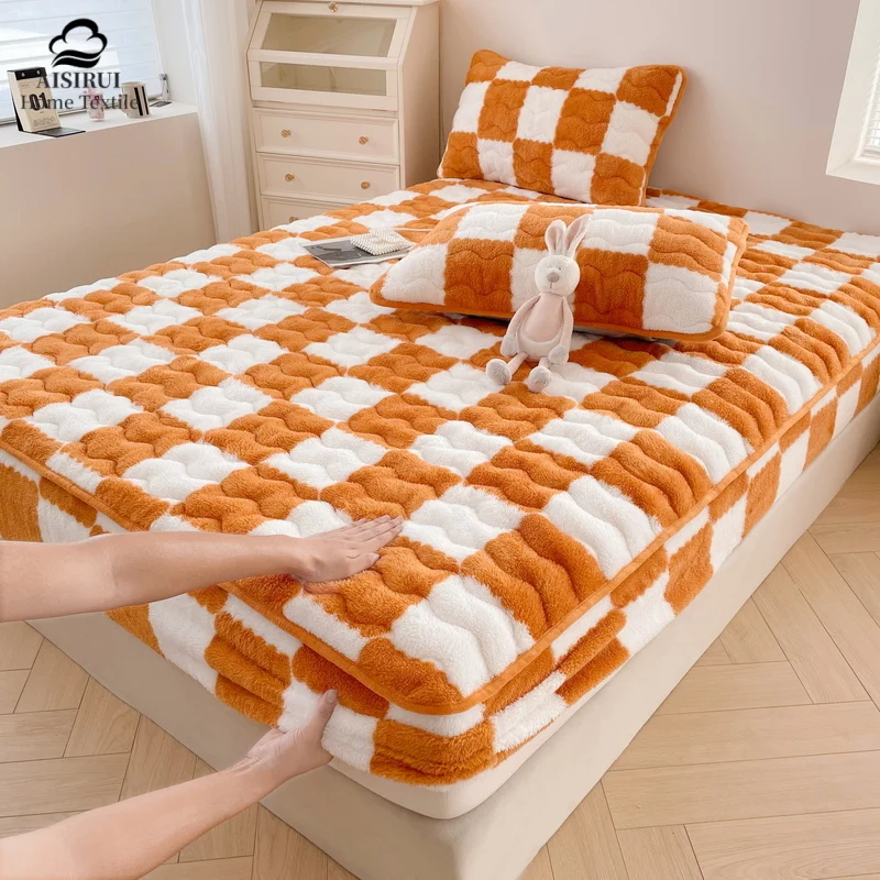 Soybean Cotton Mattress Cover Arctic Velvet Fitted Sheet  Pad Checkerboard Series Double Bed Dust Mite Queen King Size Home Deco