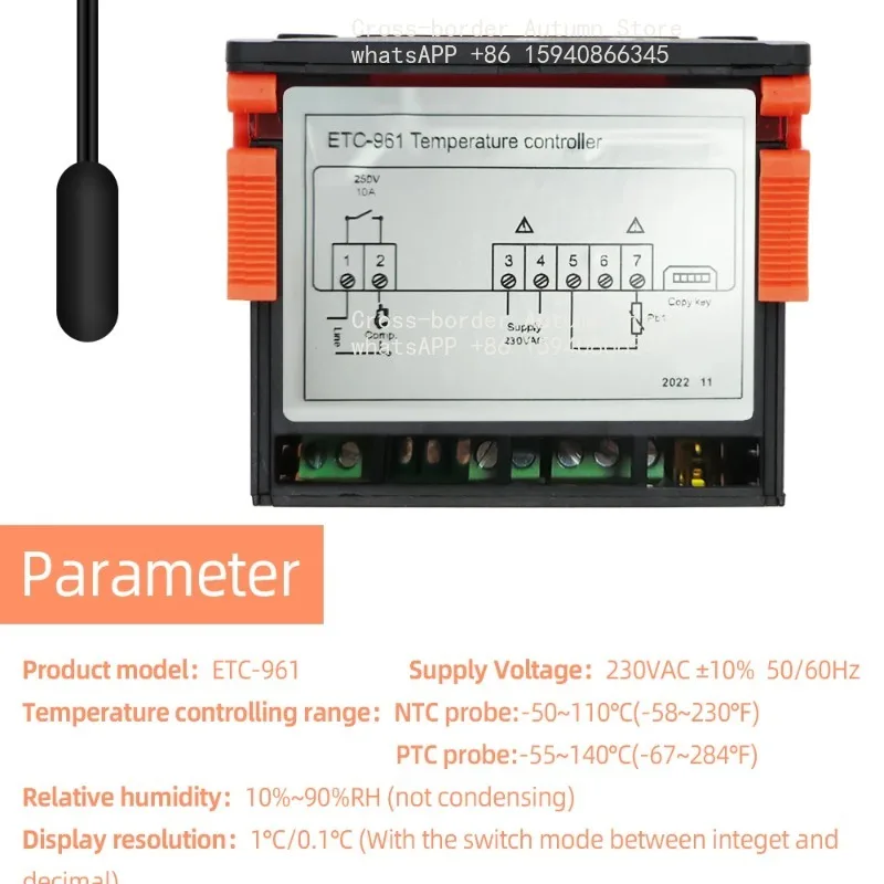 220v Microcomputer Thermostats ETC-961 Mini Temperature Controller  Digital Thermostat Refrigeration Alarm Wtih NTC Sensor