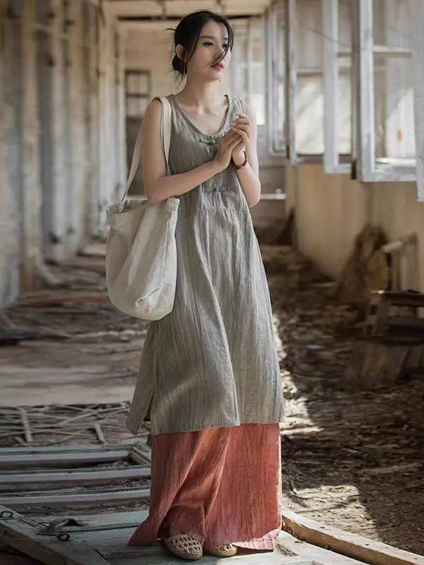   Nuevo Chino Sle Midi Dr bordado azul Tie Dye chaleco falda suelta ajuste redondo Neline No Sve Retro viaje