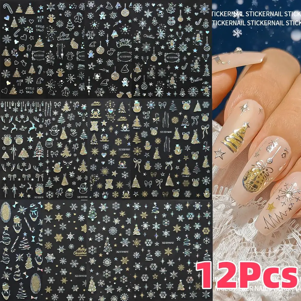 12Pcs 3D Glitter Weihnachten Schneeflocken Glocke Elch Nagel Aufkleber Laser Silber Weihnachten Baum Nagel Aufkleber Klebstoff Winter Nägel Dekoration