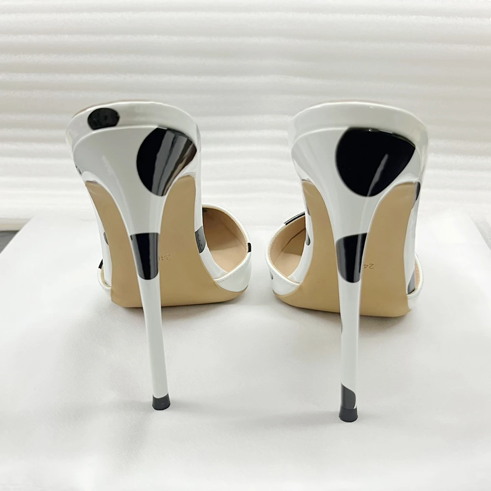 Sexy Mule Shoes Cute Poka Dot Print Women 12cm High Heel Slippers Summer Pointed Toe Stiletto Pumps Party Dress Casual Sandals