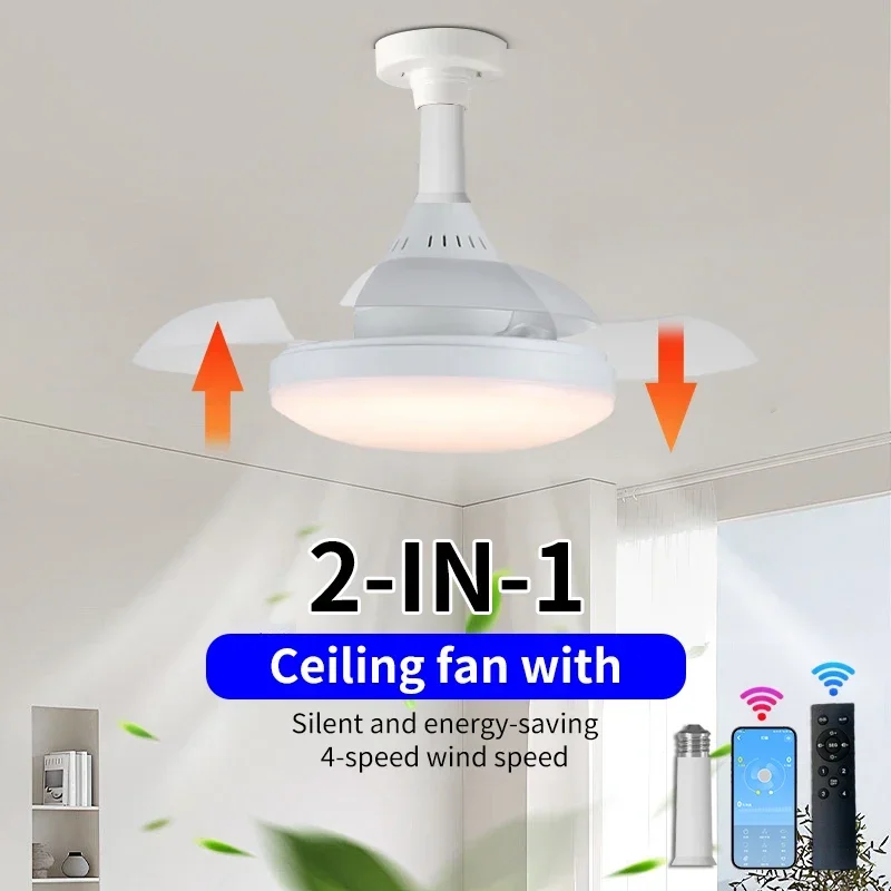 

2-in-1 Ceiling Fan Light with Remote Control, 30W LED Socket Fan, E27 Cordless Spiral Fan, Kitchen, Bedroom, Small Room Lighting