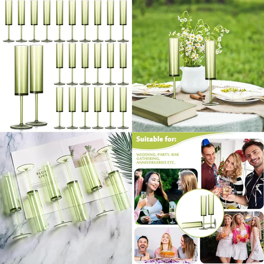 

Зеленый набор из 24 прозрачных акриловых бокалов для шампанского объемом 5,4 унции с длинными ножками для свадеб, коктейлей и мероприятий с игристыми напитками