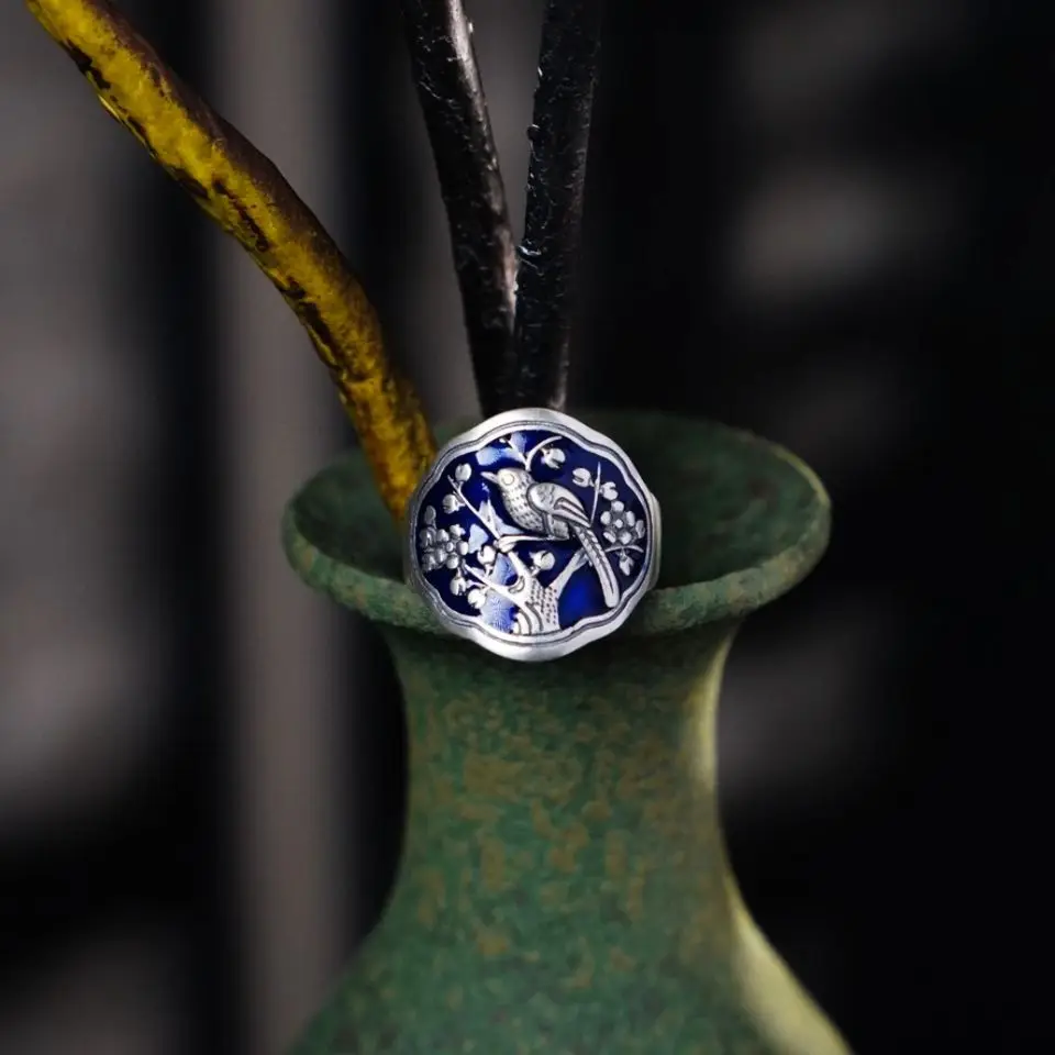 Vintage Blueing Magpie Ascending Plum Blossom Adjustable Ring Chinese Style Singing Birds and Fragrant Flowers Rings Jewelry
