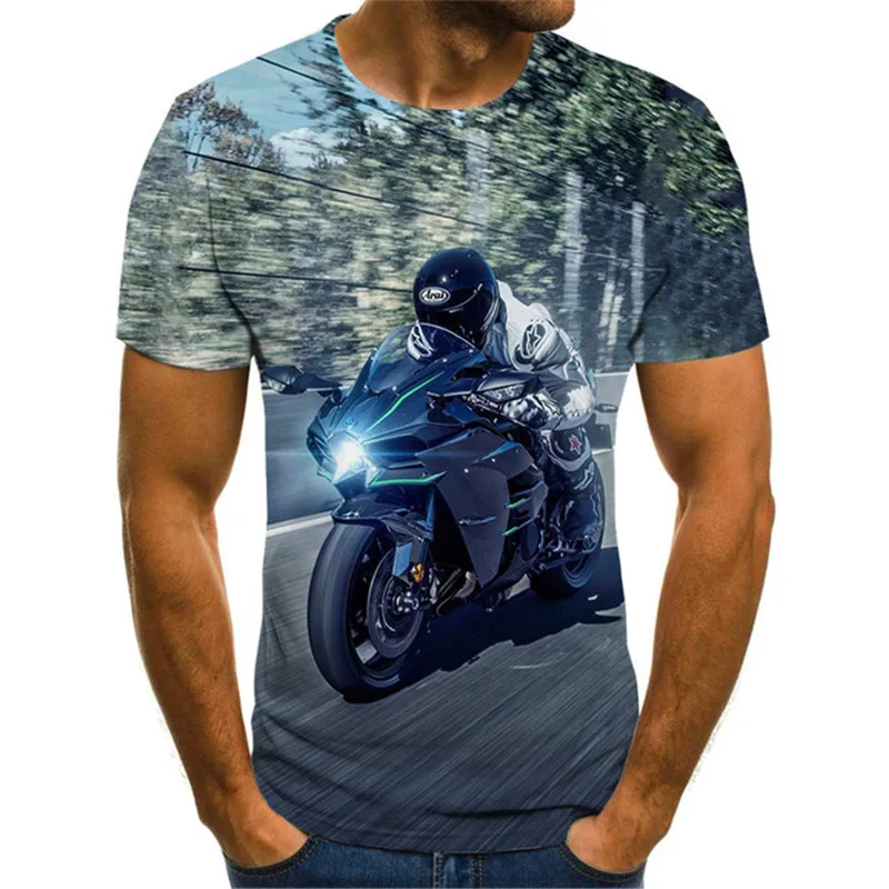 Moto & Biker Men T-Shirts 3D Locomotive Street Hip Hop Oversized T Shirt Short Sleeve Round-Neck Motorcycle Pattern Tee Big Size