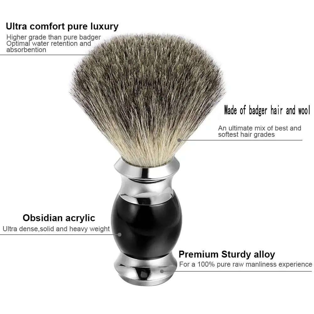 Szczotka do golenia Premium Badger Hair z elegancką, cienką rączką z żywicy i trwałą podstawą ze stali nierdzewnej do męskich narzędzi do golenia