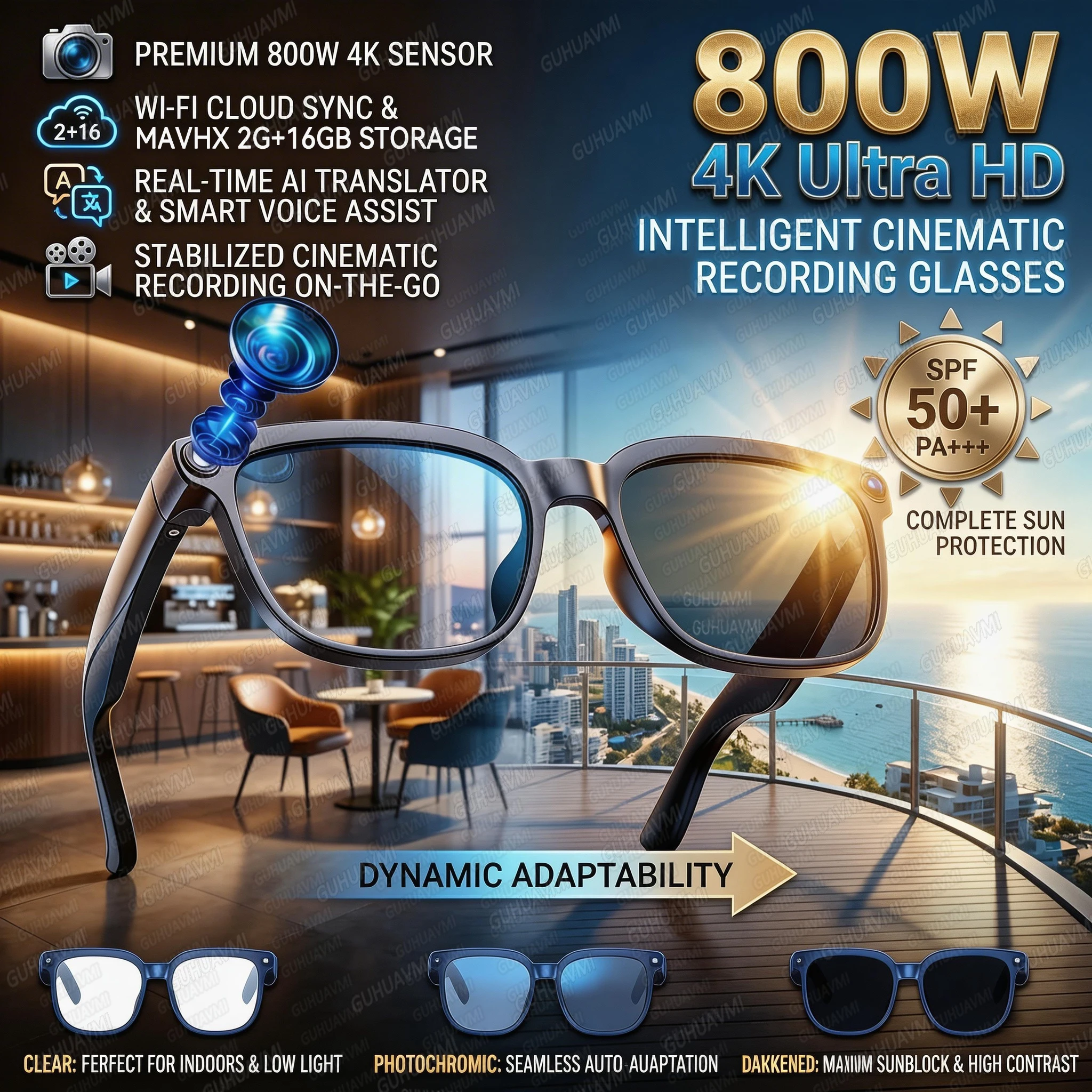 

New 800W 4k HD Camera Smart Glasses Men Anti-shake Video Recording ChatGP WIFI 150+AI Translation Glasses Music Sunglasses Women