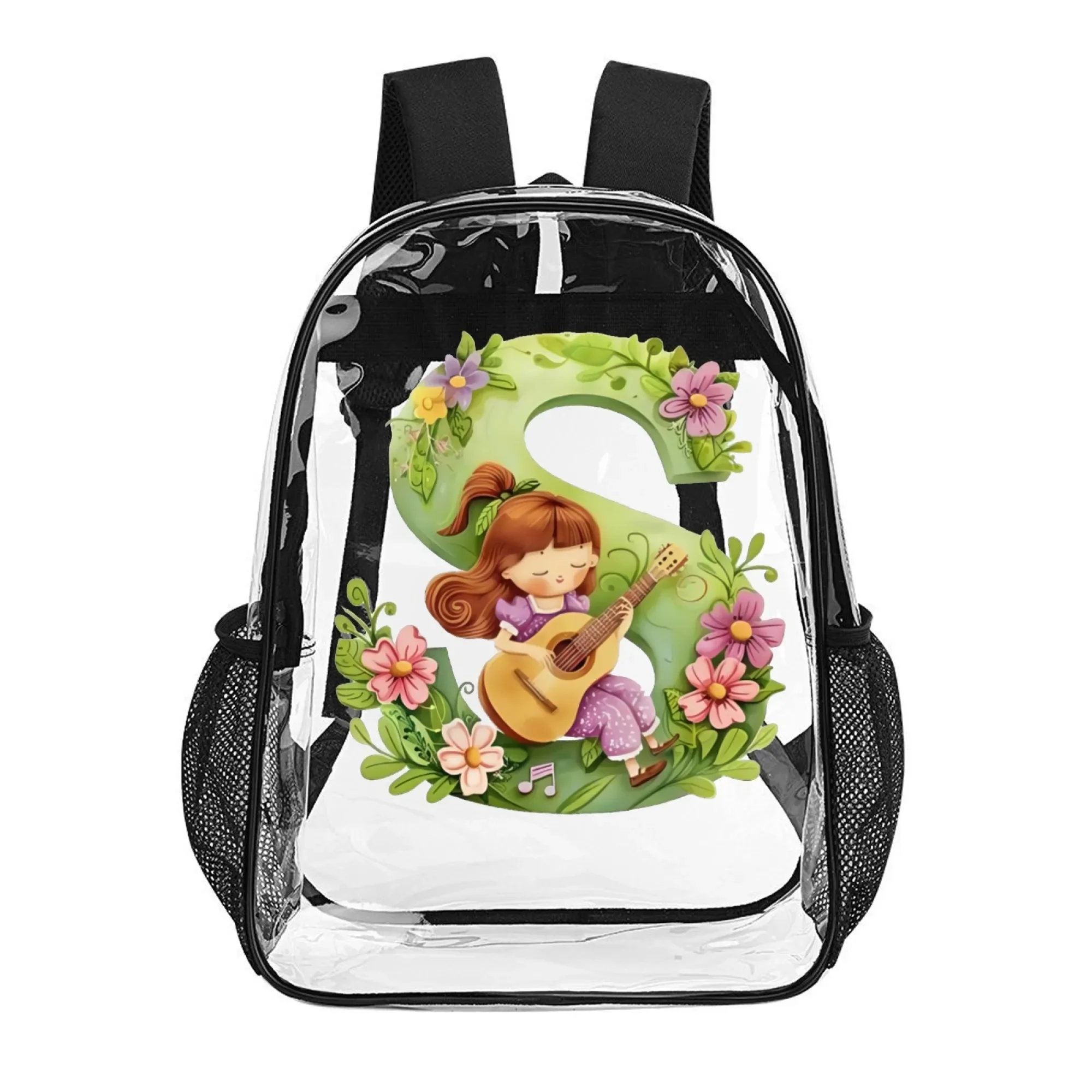 

16 in PVC Clear Backpack,Transparent Daypack with Guitar Girl Pink Flower&Letter S Pattern,Great for Teens’ Birthday,Festival