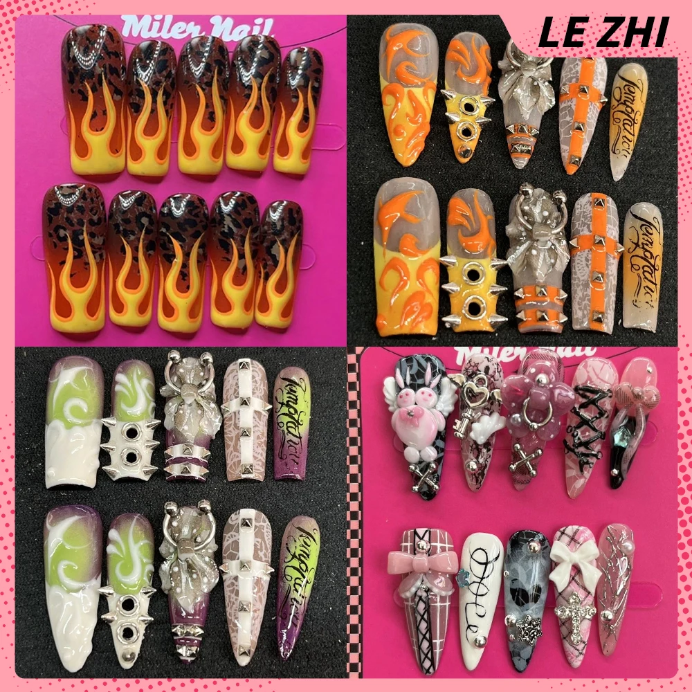 

Europe America Spicy Girl Handmade Long Square Stiletto Fake Nails Metal Rivets Chain Lips Wings Flowers Bowknot Press On Nails