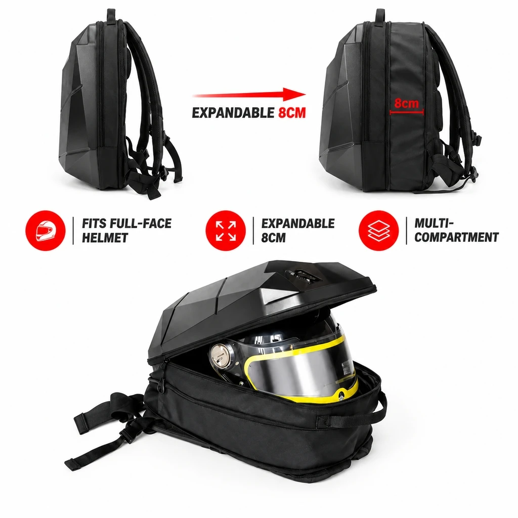 Motorcycle Hard Shell Helmet Backpack  Expandable Large Capacity Riding Laptop Bag for Motorbike Travel Men Women